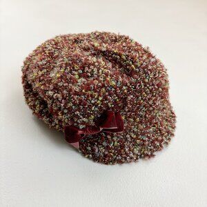 BOUCLE Textured Fiber Page Boy Hat Cap Y2K Gilmore Girls Bow Detail Maroon